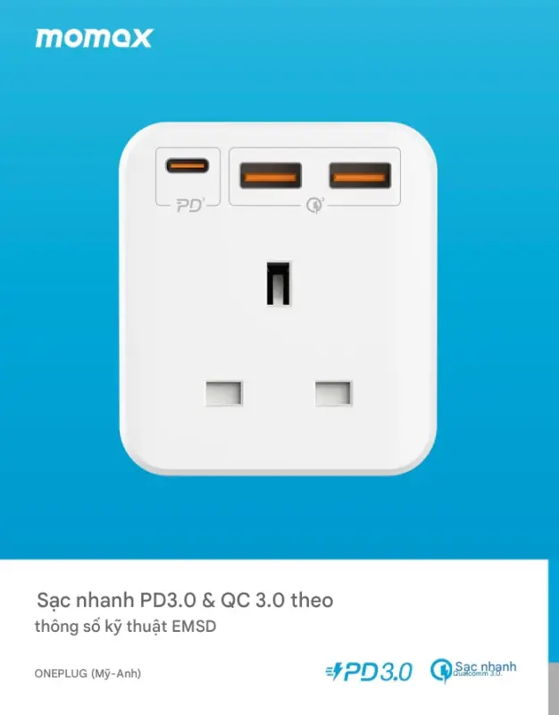 Ổ cắm mở rộng MOMAX US8UK OnePlug 3 Oulet 20W - Giải quyết vấn đề thiếu ổ cắm và sạc chậm với <strong>Ổ cắm mở rộng MOMAX US8UK</strong> OnePlug 3 Outlet 20W. Thiết kế nhỏ gọn tích hợp 3 ổ cắm chuẩn UK và các cổng sạc USB với tổng công suất 20W (hỗ trợ sạc nhanh). <strong>MOMAX US8UK</strong> cho phép bạn cấp nguồn cho nhiều thiết bị cùng lúc một cách an toàn và hiệu quả. Dù ở nhà, văn phòng hay khi đi du lịch đến các quốc gia sử dụng ổ cắm UK, <strong>MOMAX US8UK</strong> là phụ kiện tiện lợi không thể thiếu. Tích hợp các tính năng bảo vệ an toàn, mang lại sự an tâm khi sử dụng.