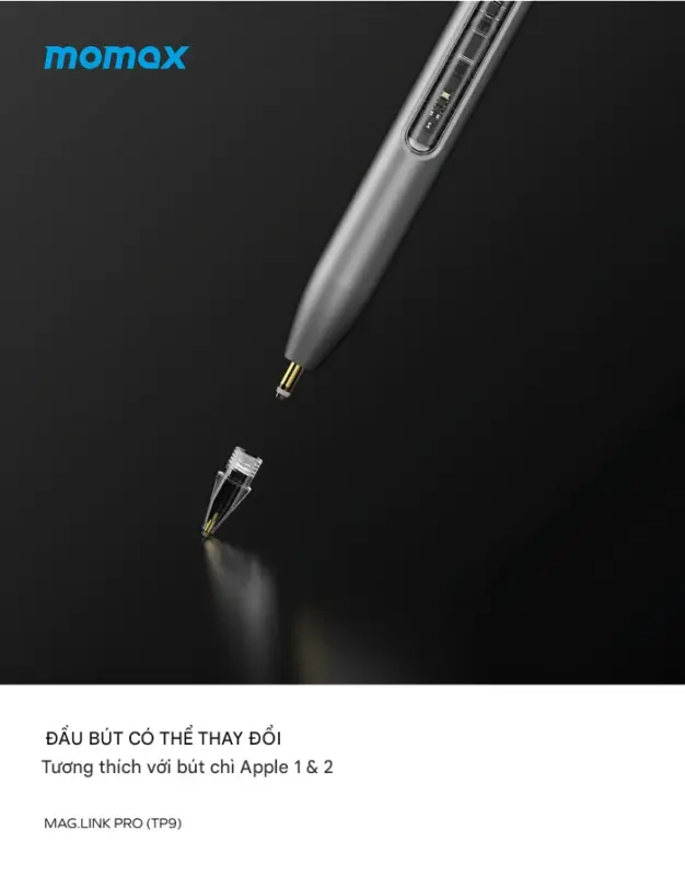 Bút cảm ứng MOMAX TP9 chủ động sạc từ Mag.Link dành cho iPad - Nâng tầm trải nghiệm sáng tạo và ghi chú trên iPad với <strong>Bút cảm ứng MOMAX TP9</strong> Mag.Link. Được thiết kế để hoạt động liền mạch với iPad, <strong>MOMAX TP9</strong> hỗ trợ sạc không dây từ tính Mag.Link (gắn cạnh iPad), giúp bạn sạc tiện lợi và giữ bút an toàn. Độ nhạy cao, độ trễ thấp, hỗ trợ cảm ứng nghiêng cho nét vẽ tự nhiên. <strong>MOMAX TP9</strong> là công cụ lý tưởng để vẽ, phác thảo, ghi chú và điều hướng trên iPad. Thiết kế cao cấp, dễ sử dụng. Với <strong>Bút cảm ứng MOMAX TP9</strong>, biến chiếc iPad của bạn thành cuốn sổ tay và bảng vẽ kỹ thuật số chuyên nghiệp.