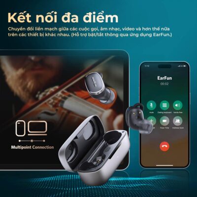 Tai nghe Bluetooth Earfun Free Pro 3 - Trải nghiệm âm thanh Lossless đỉnh cao trong một thiết kế siêu nhỏ gọn với tai nghe <strong>Earfun Free Pro 3</strong>. Lần đầu tiên tích hợp nền tảng Snapdragon Sound™ và codec aptX Lossless, tai nghe mang lại chất âm chuẩn CD trung thực chưa từng có. Công nghệ chống ồn chủ động ANC thông minh khử ồn sâu tới 43dB, tạo ra không gian riêng tư mọi lúc mọi nơi. Thiết kế công thái học độc đáo với móc tai đi kèm đảm bảo sự vừa vặn, chắc chắn ngay cả khi vận động mạnh. Hệ thống 6 micro và kết nối đa điểm giúp bạn làm việc hiệu quả. <strong>Earfun Free Pro 3</strong> là sự kết hợp hoàn hảo giữa hiệu suất tối thượng và tính di động tuyệt vời.