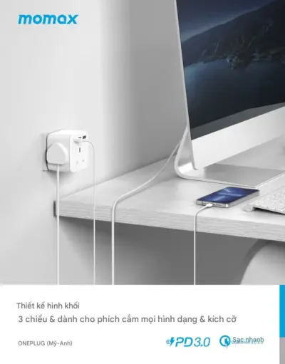 Ổ cắm mở rộng MOMAX US8UK OnePlug 3 Oulet 20W - Giải quyết vấn đề thiếu ổ cắm và sạc chậm với <strong>Ổ cắm mở rộng MOMAX US8UK</strong> OnePlug 3 Outlet 20W. Thiết kế nhỏ gọn tích hợp 3 ổ cắm chuẩn UK và các cổng sạc USB với tổng công suất 20W (hỗ trợ sạc nhanh). <strong>MOMAX US8UK</strong> cho phép bạn cấp nguồn cho nhiều thiết bị cùng lúc một cách an toàn và hiệu quả. Dù ở nhà, văn phòng hay khi đi du lịch đến các quốc gia sử dụng ổ cắm UK, <strong>MOMAX US8UK</strong> là phụ kiện tiện lợi không thể thiếu. Tích hợp các tính năng bảo vệ an toàn, mang lại sự an tâm khi sử dụng.
