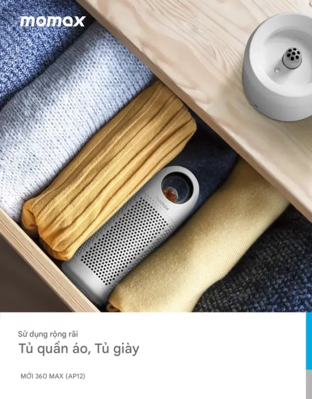 Bộ máy hút ẩm tái sử dụng MOMAX AP12 Fresh 360 Max - Bảo vệ không gian của bạn khỏi ẩm mốc và mùi hôi khó chịu với <strong>Bộ máy hút ẩm tái sử dụng MOMAX AP12</strong> Fresh 360 Max. Sử dụng các hạt hút ẩm tiên tiến, <strong>MOMAX AP12</strong> hấp thụ độ ẩm dư thừa hiệu quả trong tủ quần áo, tủ giày, ngăn kéo, tủ sách, hộp lưu trữ... Đặc biệt, sản phẩm có thể tái sử dụng nhiều lần chỉ bằng cách sấy khô hạt hút ẩm (thường đi kèm bộ sạc/đế sấy), tiết kiệm chi phí và thân thiện môi trường. Thiết kế nhỏ gọn, không dây, <strong>MOMAX AP12</strong> có thể đặt ở mọi nơi. Với <strong>Bộ máy hút ẩm MOMAX AP12</strong>, không gian của bạn sẽ luôn khô ráo, thoáng đãng và sạch mùi.