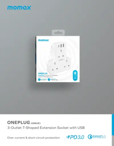 Ổ cắm mở rộng hình chữ T 3 ổ cắm MOMAX US6UK Oneplug có USB - Giải quyết vấn đề thiếu ổ cắm và sạc cho các thiết bị di động với <strong>Ổ cắm mở rộng MOMAX US6UK</strong> Oneplug. Thiết kế hình chữ T độc đáo, siêu nhỏ gọn, giúp bạn dễ dàng tăng số lượng ổ cắm ở những không gian hạn chế. <strong>MOMAX US6UK</strong> tích hợp 3 ổ cắm chuẩn UK và các cổng sạc USB tiện lợi (có thể hỗ trợ sạc nhanh tùy phiên bản), cho phép cấp nguồn cho nhiều thiết bị cùng lúc. An toàn, bền bỉ và cực kỳ tiện dụng để mang theo, <strong>Ổ cắm mở rộng MOMAX US6UK</strong> là phụ kiện không thể thiếu cho mọi gia đình, văn phòng hay khi đi du lịch đến các khu vực sử dụng ổ cắm UK.