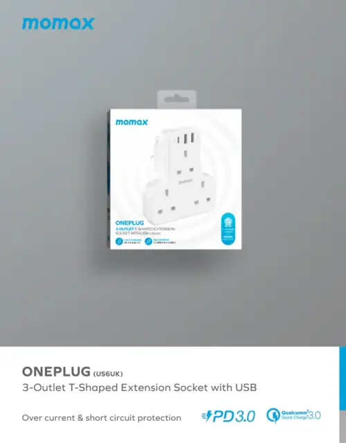 Ổ cắm mở rộng hình chữ T 3 ổ cắm MOMAX US6UK Oneplug có USB - Hình ảnh 8
