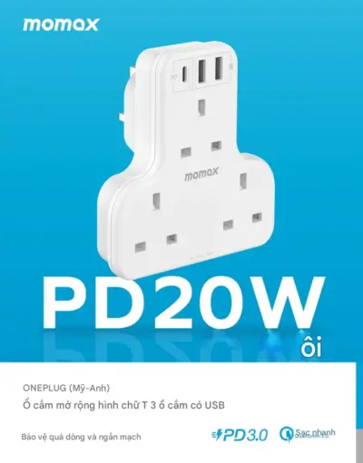 Ổ cắm mở rộng hình chữ T 3 ổ cắm MOMAX US6UK Oneplug có USB - Giải quyết vấn đề thiếu ổ cắm và sạc cho các thiết bị di động với <strong>Ổ cắm mở rộng MOMAX US6UK</strong> Oneplug. Thiết kế hình chữ T độc đáo, siêu nhỏ gọn, giúp bạn dễ dàng tăng số lượng ổ cắm ở những không gian hạn chế. <strong>MOMAX US6UK</strong> tích hợp 3 ổ cắm chuẩn UK và các cổng sạc USB tiện lợi (có thể hỗ trợ sạc nhanh tùy phiên bản), cho phép cấp nguồn cho nhiều thiết bị cùng lúc. An toàn, bền bỉ và cực kỳ tiện dụng để mang theo, <strong>Ổ cắm mở rộng MOMAX US6UK</strong> là phụ kiện không thể thiếu cho mọi gia đình, văn phòng hay khi đi du lịch đến các khu vực sử dụng ổ cắm UK.