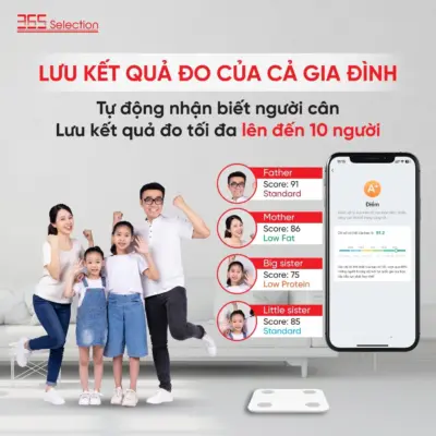 Cân Điện Tử Thông Minh 365 Selection WS2 Chính Hãng - Cân Điện Tử 365 Selection WS2 đo 18 chỉ số cơ thể, độ chính xác 0.1kg, kết nối Bluetooth qua app 365 Life. Thiết kế nhỏ gọn (26x26x2.45cm, 1.1kg), kính cường lực, màn hình LED. Hỗ trợ 10 người dùng, pin AAA dùng 120 ngày. Bảo hành 12 tháng, lý tưởng theo dõi sức khỏe gia đình.