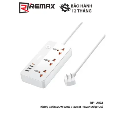 Ổ Cắm Điện REMAX RP-U153 Kiddy Series, Sạc Nhanh PD 20W, 3 USB-A, 1 USB-C, 3 Lỗ Cắm 2500W, Dây 1.5m