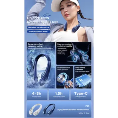 Quạt Đeo Cổ Remax F23, Gió Mạnh, Hoạt Động Êm, Kiểu Dáng Thời Trang, Pin 2000mAh - <p dir="ltr" data-pm-slice="1 1 []">Quạt đeo cổ Remax <strong>F23</strong>, thiết kế thời trang, gió mạnh 5.5-9m/s, động cơ không chổi than hoạt động êm (~30dB). Pin 2000mAh, dùng 2-6h, sạc Type-C ~2.5h. Vỏ ABS+silicone, trọng lượng 260g, điều chỉnh 3 mức gió. Bảo hành 12 tháng, lý tưởng cho du lịch, thể thao, văn phòng, làm mát hiệu quả, rảnh tay.</p>