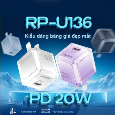 Củ Sạc Nhanh REMAX U136 Cry Series, 20W, Cổng Type-C, Tương Thích iPhone 14 Pro Max Trở Xuống, Bảo Hành 12 Tháng