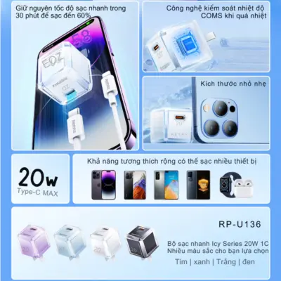 Củ Sạc Nhanh REMAX U136 Cry Series, 20W, Cổng Type-C, Tương Thích iPhone 14 Pro Max Trở Xuống, Bảo Hành 12 Tháng - <p dir="ltr" data-pm-slice="1 1 []">Củ sạc nhanh REMAX <strong>U136</strong> Cry Series, công suất 20W, cổng Type-C, hỗ trợ PD 3.0, sạc nhanh iPhone 14 Pro Max trở xuống (50% pin trong ~30 phút). Vỏ ABS+PC chống cháy, kích thước 56x43x27.5mm, trọng lượng 46g. Tích hợp chip bảo vệ an toàn, đạt chuẩn CE, FCC, RoHS. Bảo hành 12 tháng, lý tưởng cho du lịch, công việc.</p>