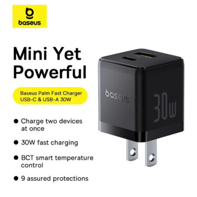 Sạc nhanh hiệu Baseus Palm C+U 30W US - Trải nghiệm sức mạnh sạc nhanh vượt trội trong một thiết kế tối giản với <strong>Baseus Palm C+U 30W US</strong>. Đây là giải pháp năng lượng "tất cả trong một", với công suất 30W mạnh mẽ có khả năng sạc nhanh cho cả MacBook Air, iPad Pro và điện thoại. Trang bị 2 cổng USB-C (PD 30W) và USB-A (QC 18W), củ sạc này đáp ứng mọi nhu cầu sạc của bạn. Kích thước siêu nhỏ gọn chỉ nằm trong lòng bàn tay, lý tưởng cho việc di chuyển. Tích hợp công nghệ SuperSi và các tính năng bảo vệ an toàn, <strong>Baseus Palm C+U 30W US</strong> là sự nâng cấp hoàn hảo cho mọi tín đồ công nghệ.