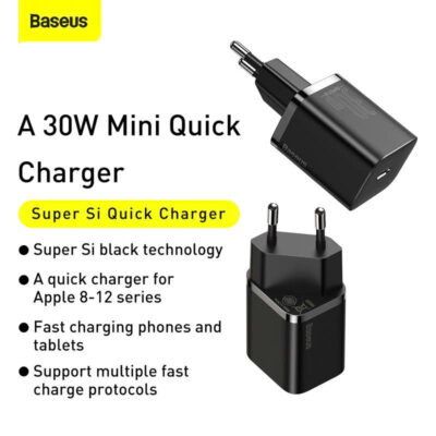 Sạc nhanh hiệu Baseus Super Si IC 30W EU - Trải nghiệm sức mạnh sạc nhanh vượt trội trong một thiết kế tối giản với <strong>Baseus Super Si IC 30W EU</strong>. Đây là giải pháp năng lượng "tất cả trong một", với công suất 30W mạnh mẽ có khả năng sạc nhanh cho cả MacBook Air, iPad Pro và điện thoại. Tích hợp công nghệ SuperSi tiên tiến, củ sạc có kích thước cực kỳ nhỏ gọn, lý tưởng cho việc di chuyển. Chip thông minh tự động nhận diện thiết bị và bảo vệ an toàn, chống quá nhiệt, quá dòng. Hãy nâng cấp trải nghiệm sạc của bạn và đơn giản hóa cuộc sống với củ sạc đa năng <strong>Baseus Super Si IC 30W EU</strong>.