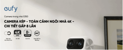 Camera trong nhà Eufy Indoor S350 - Trải nghiệm đỉnh cao an ninh gia đình với <strong>Camera trong nhà Eufy Indoor S350</strong>. Sản phẩm đột phá với hệ thống camera kép, bao gồm một ống kính góc rộng 4K và một ống kính tele 2K, mang đến độ phân giải siêu nét và khả năng zoom lai 8x ấn tượng. Nhờ đó, bạn có thể quan sát chi tiết mọi sự vật ở khoảng cách xa. Với khả năng xoay 360°, <strong>Eufy Indoor S350</strong> dễ dàng bao quát toàn bộ không gian mà không có điểm mù. Công nghệ AI thông minh tự động theo dõi chuyển động của người và vật nuôi, kết hợp cùng tầm nhìn đêm rõ nét, đảm bảo an ninh 24/7. Lưu trữ linh hoạt qua thẻ nhớ mà không cần trả phí hàng tháng, <strong>Eufy Indoor S350</strong> là lựa chọn hoàn hảo để giám sát con trẻ, thú cưng và bảo vệ ngôi nhà của bạn.
