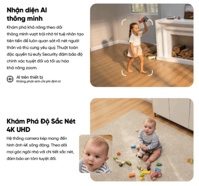 Camera trong nhà Eufy Indoor S350 - Trải nghiệm đỉnh cao an ninh gia đình với <strong>Camera trong nhà Eufy Indoor S350</strong>. Sản phẩm đột phá với hệ thống camera kép, bao gồm một ống kính góc rộng 4K và một ống kính tele 2K, mang đến độ phân giải siêu nét và khả năng zoom lai 8x ấn tượng. Nhờ đó, bạn có thể quan sát chi tiết mọi sự vật ở khoảng cách xa. Với khả năng xoay 360°, <strong>Eufy Indoor S350</strong> dễ dàng bao quát toàn bộ không gian mà không có điểm mù. Công nghệ AI thông minh tự động theo dõi chuyển động của người và vật nuôi, kết hợp cùng tầm nhìn đêm rõ nét, đảm bảo an ninh 24/7. Lưu trữ linh hoạt qua thẻ nhớ mà không cần trả phí hàng tháng, <strong>Eufy Indoor S350</strong> là lựa chọn hoàn hảo để giám sát con trẻ, thú cưng và bảo vệ ngôi nhà của bạn.