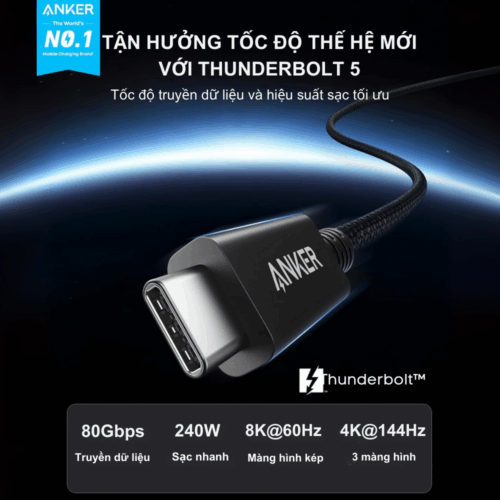 Cáp Thunderbolt 5 Anker Prime Type-C to Type-C- A84N1  Tốc Độ Truyền Dữ Liệu 80Gbps, Sạc Nhanh 240W, Màn Hình 8K - Hình ảnh 2