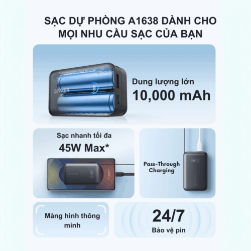 Củ sạc dự phòng Anker Nano Power Bank- A1638 10000mAh - Tích hợp cáp sạc nhanh USB-C 45W, Siêu nhỏ gọn, Màn hình thông minh - Hình ảnh 4