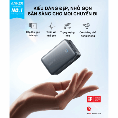 Củ sạc dự phòng Anker Nano Power Bank- A1638 10000mAh - Tích hợp cáp sạc nhanh USB-C 45W, Siêu nhỏ gọn, Màn hình thông minh - Khám phá sức mạnh vượt trội từ <strong>Củ sạc dự phòng Anker Nano Power Bank- A1638</strong> với dung lượng 10.000mAh và công suất sạc nhanh 45W mạnh mẽ. Thiết kế siêu nhỏ gọn nằm gọn trong lòng bàn tay, tích hợp sẵn cáp USB-C tự thu gọn InstaCord độc quyền, mang đến sự tiện lợi tối đa. Màn hình kỹ thuật số thông minh hiển thị chi tiết trạng thái pin và công suất sạc, giúp bạn dễ dàng kiểm soát năng lượng. Đây là giải pháp năng lượng hoàn hảo cho mọi thiết bị, đảm bảo bạn luôn kết nối mọi lúc mọi nơi. Sản phẩm được trang bị công nghệ an toàn ActiveShield™ tiên tiến, bảo vệ thiết bị của bạn toàn diện.