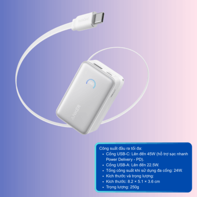 Củ sạc dự phòng Anker Nano Power Bank- A1638 10000mAh - Tích hợp cáp sạc nhanh USB-C 45W, Siêu nhỏ gọn, Màn hình thông minh - Khám phá sức mạnh vượt trội từ <strong>Củ sạc dự phòng Anker Nano Power Bank- A1638</strong> với dung lượng 10.000mAh và công suất sạc nhanh 45W mạnh mẽ. Thiết kế siêu nhỏ gọn nằm gọn trong lòng bàn tay, tích hợp sẵn cáp USB-C tự thu gọn InstaCord độc quyền, mang đến sự tiện lợi tối đa. Màn hình kỹ thuật số thông minh hiển thị chi tiết trạng thái pin và công suất sạc, giúp bạn dễ dàng kiểm soát năng lượng. Đây là giải pháp năng lượng hoàn hảo cho mọi thiết bị, đảm bảo bạn luôn kết nối mọi lúc mọi nơi. Sản phẩm được trang bị công nghệ an toàn ActiveShield™ tiên tiến, bảo vệ thiết bị của bạn toàn diện.