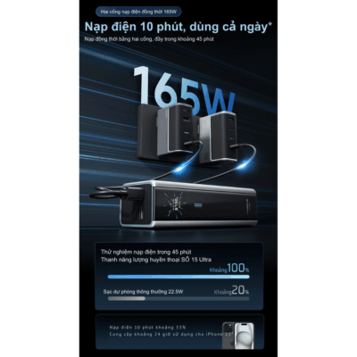 Pin dự phòng Cuktech No.15 Ultra 20000mAH 210W PD3– PB200U - Trải nghiệm sức mạnh vượt trội với <strong>pin dự phòng Cuktech 20.000mAh No.15 Ultra</strong> (PB200U) với tổng công suất lên đến 210W. Tích hợp công nghệ sạc nhanh tiên tiến nhất PD3.1 140W, sạc đầy 53% pin MacBook Pro 16" chỉ trong 30 phút. Dung lượng khủng 20.000mAh đảm bảo năng lượng cho cả ngày dài làm việc và giải trí. Sản phẩm được trang bị màn hình màu TFT 1.3-inch hiển thị đầy đủ thông số sạc, 3 cổng ra (2 Type-C, 1 USB-A) cho phép sạc đồng thời nhiều thiết bị. Thiết kế nhỏ gọn, an toàn trên máy bay, Cuktech No.15 Ultra là người bạn đồng hành lý tưởng cho mọi chuyến đi, đáp ứng mọi nhu cầu sạc từ laptop, điện thoại đến các thiết bị nhỏ. Hãy sở hữu ngay <strong>pin dự phòng Cuktech 20.000mAh No.15 Ultra</strong> để không bao giờ bị gián đoạn công việc.