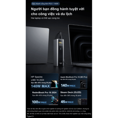 Pin dự phòng Cuktech No.15 Ultra 20000mAH 210W PD3– PB200U - Trải nghiệm sức mạnh vượt trội với <strong>pin dự phòng Cuktech 20.000mAh No.15 Ultra</strong> (PB200U) với tổng công suất lên đến 210W. Tích hợp công nghệ sạc nhanh tiên tiến nhất PD3.1 140W, sạc đầy 53% pin MacBook Pro 16" chỉ trong 30 phút. Dung lượng khủng 20.000mAh đảm bảo năng lượng cho cả ngày dài làm việc và giải trí. Sản phẩm được trang bị màn hình màu TFT 1.3-inch hiển thị đầy đủ thông số sạc, 3 cổng ra (2 Type-C, 1 USB-A) cho phép sạc đồng thời nhiều thiết bị. Thiết kế nhỏ gọn, an toàn trên máy bay, Cuktech No.15 Ultra là người bạn đồng hành lý tưởng cho mọi chuyến đi, đáp ứng mọi nhu cầu sạc từ laptop, điện thoại đến các thiết bị nhỏ. Hãy sở hữu ngay <strong>pin dự phòng Cuktech 20.000mAh No.15 Ultra</strong> để không bao giờ bị gián đoạn công việc.