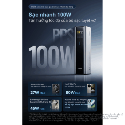Pin dự phòng Cuktech No.15 Ultra 20000mAH 210W PD3– PB200U - Trải nghiệm sức mạnh vượt trội với <strong>pin dự phòng Cuktech 20.000mAh No.15 Ultra</strong> (PB200U) với tổng công suất lên đến 210W. Tích hợp công nghệ sạc nhanh tiên tiến nhất PD3.1 140W, sạc đầy 53% pin MacBook Pro 16" chỉ trong 30 phút. Dung lượng khủng 20.000mAh đảm bảo năng lượng cho cả ngày dài làm việc và giải trí. Sản phẩm được trang bị màn hình màu TFT 1.3-inch hiển thị đầy đủ thông số sạc, 3 cổng ra (2 Type-C, 1 USB-A) cho phép sạc đồng thời nhiều thiết bị. Thiết kế nhỏ gọn, an toàn trên máy bay, Cuktech No.15 Ultra là người bạn đồng hành lý tưởng cho mọi chuyến đi, đáp ứng mọi nhu cầu sạc từ laptop, điện thoại đến các thiết bị nhỏ. Hãy sở hữu ngay <strong>pin dự phòng Cuktech 20.000mAh No.15 Ultra</strong> để không bao giờ bị gián đoạn công việc.