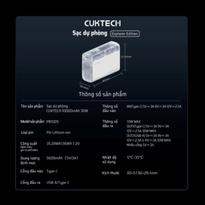 Pin sạc dự phòng Cuktech 10.000mAh Power Bank 30W (PB100S) - <strong>Cuktech 10.000mAh Power Bank 30W</strong> (PB100S) là định nghĩa mới về sự tiện lợi và hiệu năng. Với thiết kế siêu nhỏ gọn, chỉ nặng khoảng 195g, viên pin này là người bạn đồng hành lý tưởng cho cuộc sống năng động. Đừng để vẻ ngoài đánh lừa, sản phẩm sở hữu công suất sạc nhanh 2 chiều lên đến 30W, sạc đầy 58% pin iPhone 15 chỉ trong 30 phút. Tích hợp đầy đủ các công nghệ sạc nhanh tiên tiến như PD3.0, PPS, và QC3.0, viên pin tương thích hoàn hảo với mọi thiết bị từ iPhone, Samsung, Xiaomi đến cả MacBook Air. Hai cổng sạc (USB-C và USB-A) cùng chế độ sạc dòng thấp tiện lợi cho phụ kiện, <strong>Cuktech 10.000mAh Power Bank 30W</strong> chính là giải pháp năng lượng toàn diện, nhỏ gọn mà bạn luôn tìm kiếm.