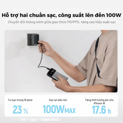 Pin sạc dự phòng Cuktech 15 Air Power Bank 15.000mAh 100W (PB150S) - Khám phá giới hạn mới của sự di động với <strong>Cuktech 15 Air Power Bank 15.000mAh</strong> (PB150S), viên pin dự phòng tiên phong ứng dụng công nghệ pin Silicon-Carbon siêu mỏng nhẹ. Với dung lượng 15.000mAh nhưng kích thước chỉ tương đương các dòng 10.000mAh, Cuktech 15 Air định nghĩa lại sự gọn nhẹ. Sản phẩm sở hữu công suất sạc ra tối đa lên đến 100W, sẵn sàng nạp năng lượng cho cả laptop, MacBook và các thiết bị di động với tốc độ đáng kinh ngạc. Ba cổng sạc đa dụng (2 USB-C, 1 USB-A) cùng màn hình LED hiển thị thông minh giúp bạn dễ dàng quản lý năng lượng. Với thiết kế thanh lịch và hiệu năng mạnh mẽ, <strong>Cuktech 15 Air Power Bank 15.000mAh</strong> là giải pháp năng lượng hoàn hảo cho người dùng hiện đại, luôn di chuyển.