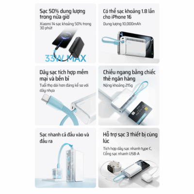Pin sạc dự phòng Cuktech CP13 10.000mAh Power Bank 33W (LPB100) - Nói lời tạm biệt với những sợi cáp sạc rối rắm! <strong>Cuktech CP13 10.000mAh Power Bank 33W</strong> (LPB100) là giải pháp năng lượng "tất cả trong một" mà bạn hằng mong đợi. Tích hợp sẵn một sợi cáp Type-C sạc nhanh, sản phẩm mang đến sự tiện lợi tối đa, chỉ cần lấy ra và sạc. Với công suất đầu ra mạnh mẽ 33W, hỗ trợ đầy đủ các chuẩn sạc nhanh PD, PPS, QC, viên pin này dễ dàng nạp năng lượng tốc độ cao cho iPhone, Samsung và nhiều thiết bị khác. Thiết kế siêu nhỏ gọn, thời trang, kèm màn hình LED hiển thị pin chính xác, cùng khả năng sạc 3 thiết bị cùng lúc. <strong>Cuktech CP13 10.000mAh Power Bank 33W</strong> chính là người bạn đồng hành hoàn hảo, giúp bạn luôn kết nối mà không cần mang theo bất kỳ sợi cáp nào khác.