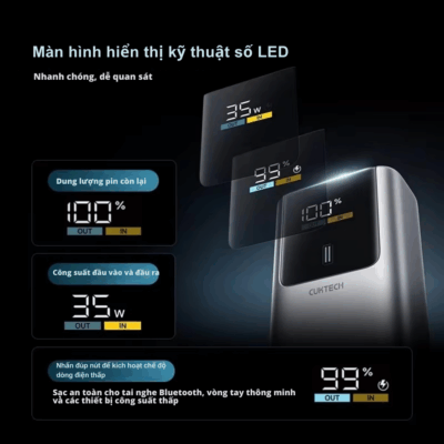 Cuktech No.10 Mini Power Bank 10.000mAh 55W (PB1055) - Đừng để kích thước đánh lừa bạn! <strong>Cuktech No.10 Mini Power Bank 10.000mAh 55W</strong> (PB1055) là "nhà vô địch" năng lượng trong phân khúc siêu nhỏ gọn. Với kích thước chỉ bằng 1/3 chiếc iPhone 15 Pro, viên pin này dễ dàng nằm gọn trong túi áo, túi quần của bạn. Dù nhỏ bé, sản phẩm sở hữu công suất đầu ra lên đến 55W, hỗ trợ sạc siêu nhanh Mi Turbo Charge cho các dòng điện thoại Xiaomi và tương thích hoàn hảo với các chuẩn PD, PPS, QC cho iPhone, Samsung và nhiều thiết bị khác. Dung lượng 10.000mAh đủ năng lượng cho cả ngày dài năng động. Được trang bị cell pin 21700 chất lượng cao và 9 lớp bảo vệ an toàn, <strong>Cuktech No.10 Mini Power Bank 10.000mAh 55W</strong> là người bạn đồng hành lý tưởng, mạnh mẽ và đáng tin cậy.