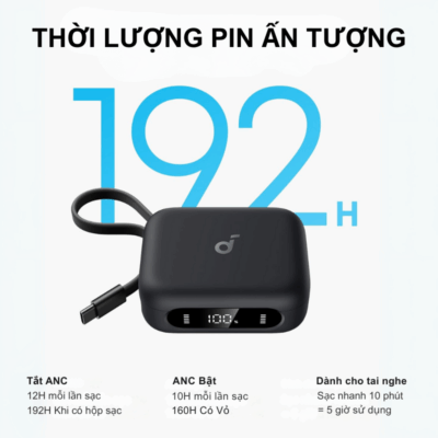 Tai nghe Soundcore A3937 P41i Bluetooth kiêm sạc dự phòng 3000mAh tích hợp cáp sạc type C - Trải nghiệm sự tiện lợi tối đa với <strong>Tai nghe Soundcore A3937 P41i</strong>, giải pháp 2 trong 1 độc đáo cho người dùng hiện đại. Thưởng thức chất âm BassUp mạnh mẽ, sống động đặc trưng từ Soundcore trong một thiết kế tai nghe nhỏ gọn, thoải mái. Điểm nhấn đột phá là hộp sạc dung lượng khủng 3000mAh, không chỉ cung cấp thời lượng pin cực dài cho tai nghe mà còn hoạt động như một viên sạc dự phòng nhỏ gọn cho điện thoại của bạn. Đặc biệt, hộp sạc còn tích hợp sẵn cáp sạc Type-C, giúp bạn không bao giờ phải lo lắng về việc quên dây cáp. Kết nối Bluetooth ổn định, điều khiển cảm ứng thông minh, <strong>Tai nghe Soundcore A3937 P41i</strong> là người bạn đồng hành không thể thiếu trong mọi hành trình, từ công việc đến giải trí