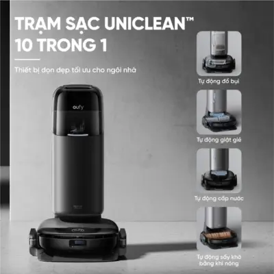 Robot hút bụi lau sàn eufy Omni S1 Pro - Trải nghiệm cuộc cách mạng dọn dẹp với <strong>Robot hút bụi lau sàn eufy Omni S1 Pro</strong>. Đây là robot đầu tiên trên thế giới sở hữu công nghệ lau sạch tức thì, với con lăn được giặt sạch liên tục ngay trong khi lau, đảm bảo sàn nhà luôn được lau bằng nước sạch. Trạm sạc Omni toàn năng không chỉ tự động hút rác, giặt và sấy khô con lăn mà còn có khả năng tự tạo ra nước khử khuẩn bằng Ozone, tiêu diệt 99.9% vi khuẩn mà không cần hóa chất. Với lực hút 8.000Pa mạnh mẽ và hệ thống điều hướng AI.See™ thông minh, <strong>eufy Omni S1 Pro</strong> mang đến hiệu quả làm sạch vượt trội và sự tiện nghi tối thượng cho ngôi nhà của bạn.