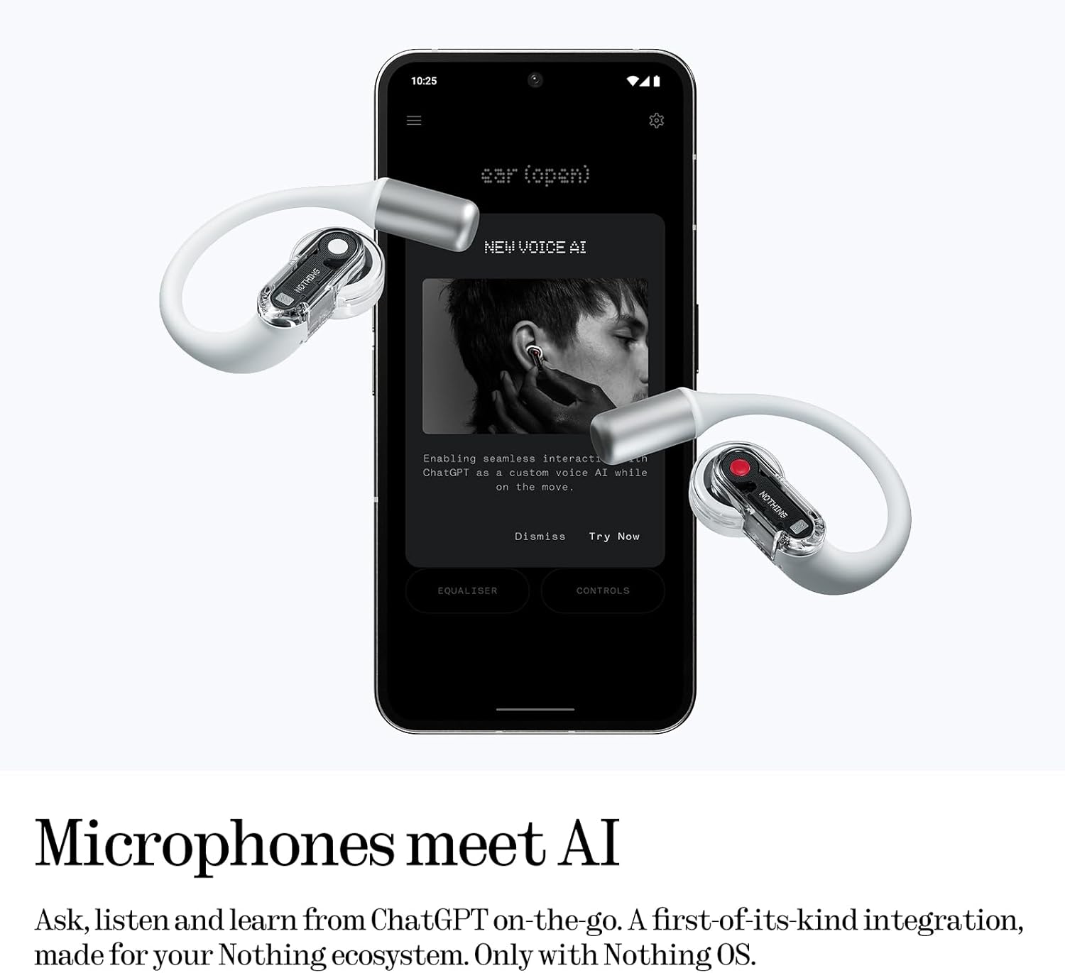 Tai nghe Bluetooth Nothing Ear (Open) B182, Thiết Kế Mở, Driver 14.2mm, Pin 30H, IP54 Tai nghe Bluetooth Nothing Ear (Open) B182, Thiết Kế Mở, Driver 14.2mm, Pin 30H, IP54 - Tai nghe <strong>Nothing Ear (Open) B182</strong> với công nghệ <strong>B182,</strong> thiết kế mở, driver 14.2mm phủ titan, âm thanh rõ nét, tích hợp ChatGPT. Pin 8H (tai nghe), 30H (với hộp sạc), sạc nhanh 10 phút cho 2H. Bluetooth 5.3, 6 mic Clear Voice 2.0, IP54 chống nước. Tùy chỉnh qua app Nothing X, phù hợp thể thao, du lịch. Bảo hành 12 tháng.
