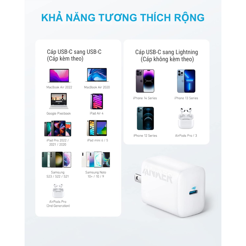 Sạc Nhanh Anker 312 Ace 30W (B2640) Kèm Cáp C to C - Anker B2640 30W Chính Hãng, Giá Tốt Bộ củ cáp sạc nhanh Anker 312 B2640 30W, kèm Cáp C to C dài 0.9m - Bộ củ cáp sạc nhanh Anker 312 B2640 30W đi kèm cáp USB-C to USB-C dài 0.9m, hỗ trợ sạc nhanh Power Delivery (PD) cho iPhone, Samsung và nhiều thiết bị khác. Thiết kế nhỏ gọn, chân gập tiện lợi, dễ mang theo. Đảm bảo an toàn với công nghệ MultiProtect, công suất tối đa 30W đáp ứng nhu cầu sạc hiệu quả.