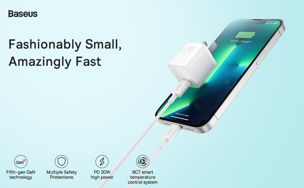 Bộ sạc nhanh hiệu Baseus GaN5 1C 20W CN Set (Mini) - Kèm dây sạc Type-C to iP PD 20W 1m - Trải nghiệm công nghệ sạc của tương lai với bộ sạc <strong>Baseus GaN5 1C 20W</strong>. Nhờ công nghệ GaN5 (Gallium Nitride thế hệ 5) tiên tiến, củ sạc có kích thước siêu nhỏ gọn, nhỏ hơn 50% so với củ sạc 20W thông thường nhưng vẫn cung cấp công suất sạc nhanh Power Delivery 20W mạnh mẽ. Sạc đầy 60% pin cho iPhone chỉ trong 30 phút. Thiết kế chân cắm gập CN tiện lợi, lý tưởng cho việc di chuyển. Bộ sản phẩm đi kèm sẵn cáp sạc nhanh Type-C to Lightning 1m chất lượng cao, tạo thành một giải pháp sạc toàn diện, mua là dùng ngay. Chọn ngay bộ sạc <strong>Baseus GaN5 1C 20W</strong> để sở hữu sự kết hợp hoàn hảo giữa kích thước, tốc độ và sự an toàn.