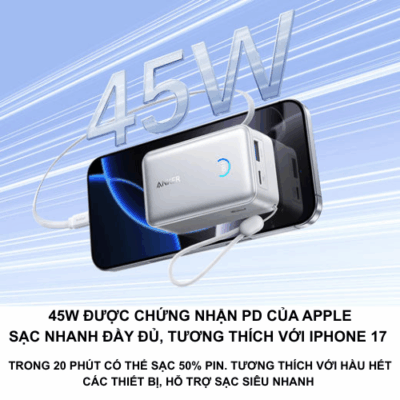 Sạc dự phòng Anker A1638 10000mAh Nhỏ Gọn, Có Dây Kéo 70cm, Hỗ Trợ PPS 2.0 PD, QC 45W Sạc dự phòng Anker A1638 10000mAh Nhỏ Gọn, Có Dây Kéo 70cm, Hỗ Trợ PPS 2.0 PD, QC 45W - Sạc dự phòng Anker A1638 10000mAh là người bạn đồng hành lý tưởng cho cuộc sống hiện đại, kết hợp hoàn hảo giữa dung lượng vừa đủ và thiết kế siêu tiện lợi. Với dây sạc thò thụt dài 70cm tích hợp, bạn sẽ không bao giờ phải lo lắng về việc mang theo cáp sạc rời. Hỗ trợ công nghệ sạc nhanh PD 45W và PPS 2.0, Anker A1638 đảm bảo các thiết bị của bạn, từ điện thoại đến laptop nhỏ, được nạp đầy năng lượng trong thời gian kỷ lục. Nhỏ gọn, mạnh mẽ và thông minh, Anker A1638 là giải pháp năng lượng di động tối ưu dành cho bạn.