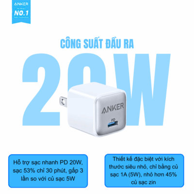 Củ Sạc Nhanh Anker 511 Charger Nano Pro 20W - A2638 | Công Nghệ PIQ 3.0 Siêu Nhỏ Gọn Củ Sạc Nhanh Anker 511 Charger Nano Pro 20W - A2638 | Công Nghệ PIQ 3.0 Siêu Nhỏ Gọn - Đừng bỏ lỡ <strong>Anker 511 Charger Nano Pro 20W - A2638</strong> – giải pháp sạc nhanh siêu nhỏ gọn, mạnh mẽ dành cho mọi thiết bị di động của bạn. Với công suất 20W và công nghệ PowerIQ 3.0 tiên tiến, củ sạc này đảm bảo tốc độ sạc tối ưu, an toàn cho iPhone, Samsung, iPad và nhiều thiết bị khác. Thiết kế Nano Pro siêu nhỏ, nhẹ giúp bạn dễ dàng mang theo mọi lúc mọi nơi, từ văn phòng đến những chuyến du lịch. Tận hưởng sự tiện lợi và hiệu suất vượt trội mà không cần lo lắng về kích thước hay trọng lượng. <strong>Anker 511 Charger Nano Pro 20W - A2638</strong> chính là phụ kiện sạc không thể thiếu trong cuộc sống hiện đại của bạn.