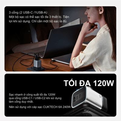 Bộ Sạc Cuktech 10 mini 120W AD1203P Siêu Nhanh, Đa Năng Cho Mọi Thiết Bị - Bộ sạc Cuktech 10 mini 120W AD1203P là giải pháp sạc nhanh tối ưu, gói gọn sức mạnh 120W trong một thiết kế nhỏ gọn, tiện lợi. Với khả năng tương thích rộng rãi, bộ sạc này dễ dàng cấp nguồn cho laptop, điện thoại, máy tính bảng và nhiều thiết bị khác. Công nghệ sạc tiên tiến đảm bảo tốc độ vượt trội mà vẫn an toàn tuyệt đối. Đừng bỏ lỡ cơ hội sở hữu Cuktech 10 mini 120W AD1203P để trải nghiệm sự tiện lợi và hiệu quả sạc đỉnh cao, mọi lúc mọi nơi. Đây là lựa chọn lý tưởng cho những ai tìm kiếm sự nhỏ gọn và mạnh mẽ.