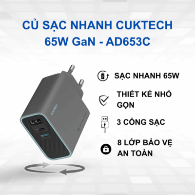 Củ Sạc Nhanh Cuktech AD653C 65W GaN: Sạc Siêu Tốc Cho Mọi Thiết Bị Của Bạn Củ Sạc Nhanh Cuktech AD653C 65W GaN: Sạc Siêu Tốc Cho Mọi Thiết Bị Của Bạn - <strong>Cuktech AD653C</strong> là củ sạc nhanh 65W trang bị công nghệ GaN tiên tiến, mang đến khả năng sạc siêu tốc và hiệu quả cho laptop, điện thoại thông minh, máy tính bảng và nhiều thiết bị khác. Với thiết kế nhỏ gọn, bền bỉ và nhiều tính năng bảo vệ, <strong>Cuktech AD653C</strong> là giải pháp sạc lý tưởng cho mọi nhu cầu. Tận hưởng tốc độ sạc vượt trội và an toàn tuyệt đối, giúp bạn tiết kiệm thời gian và luôn sẵn sàng cho mọi công việc. Đừng bỏ lỡ trải nghiệm sạc nhanh đỉnh cao với <strong>Cuktech AD653C</strong>!