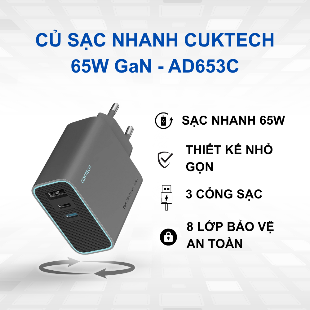 Củ Sạc Nhanh Cuktech AD653C 65W GaN: Sạc Siêu Tốc Cho Mọi Thiết Bị Của Bạn Củ Sạc Nhanh Cuktech AD653C 65W GaN: Sạc Siêu Tốc Cho Mọi Thiết Bị Của Bạn - Hình ảnh 2