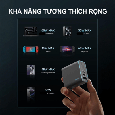 Củ Sạc Nhanh Cuktech AD653C 65W GaN: Sạc Siêu Tốc Cho Mọi Thiết Bị Của Bạn Củ Sạc Nhanh Cuktech AD653C 65W GaN: Sạc Siêu Tốc Cho Mọi Thiết Bị Của Bạn - <strong>Cuktech AD653C</strong> là củ sạc nhanh 65W trang bị công nghệ GaN tiên tiến, mang đến khả năng sạc siêu tốc và hiệu quả cho laptop, điện thoại thông minh, máy tính bảng và nhiều thiết bị khác. Với thiết kế nhỏ gọn, bền bỉ và nhiều tính năng bảo vệ, <strong>Cuktech AD653C</strong> là giải pháp sạc lý tưởng cho mọi nhu cầu. Tận hưởng tốc độ sạc vượt trội và an toàn tuyệt đối, giúp bạn tiết kiệm thời gian và luôn sẵn sàng cho mọi công việc. Đừng bỏ lỡ trải nghiệm sạc nhanh đỉnh cao với <strong>Cuktech AD653C</strong>!