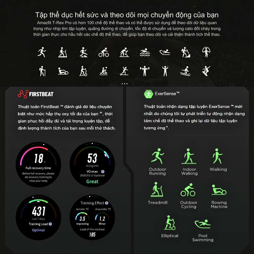 Đồng hồ thông minh Amazfit T-Rex Pro Chính Hãng - Chống Nước 10ATM, Độ Bền Chuẩn Quân Đội, Theo Dõi Sức Khỏe Toàn Diện Đồng hồ thông minh Amazfit T-Rex Pro Chính Hãng - Chống Nước 10ATM, Độ Bền Chuẩn Quân Đội, Theo Dõi Sức Khỏe Toàn Diện