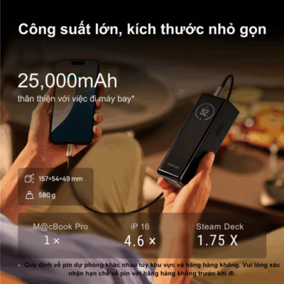 Pin Dự Phòng EcoFlow RAPID (25000mAh, 170W) - Sạc Nhanh, Kép USB-C, Nhỏ Gọn, Mạnh Mẽ Pin Dự Phòng EcoFlow RAPID (25000mAh, 170W) - Sạc Nhanh, Kép USB-C, Nhỏ Gọn, Mạnh Mẽ - <strong>Pin dự phòng EcoFlow RAPID</strong> 10000mAh là giải pháp sạc di động mạnh mẽ và tiện lợi. Với tổng công suất đầu ra 67W và hai cổng USB-C, chiếc <strong>EcoFlow RAPID</strong> này có thể sạc nhanh cùng lúc hai thiết bị, bao gồm cả laptop và điện thoại. Thiết kế nhỏ gọn (115 × 43 × 48 mm) và trọng lượng chỉ khoảng 360g giúp <strong>EcoFlow RAPID</strong> dễ dàng bỏ túi, đồng hành cùng bạn mọi lúc mọi nơi. Màn hình LCD trực quan hiển thị trạng thái pin. Sở hữu ngay <strong>EcoFlow RAPID</strong> để trải nghiệm sự tiện ích vượt trội!