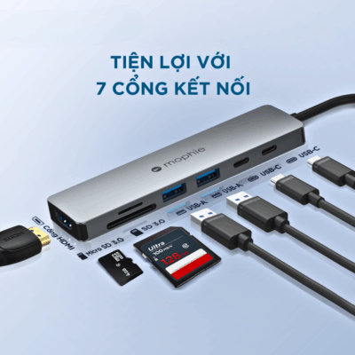 Bộ Chuyển Đổi HUB Mophie 7in1 USB-C - Mở rộng mọi giới hạn kết nối với <strong>HUB Mophie 7in1</strong> USB-C! Bộ chuyển đổi cao cấp này biến một cổng USB-C thành 7 cổng tiện ích: 2x USB-A tốc độ cao, 1x USB-C PD sạc xuyên qua, 1x HDMI 4K, 1x Ethernet Gigabit, và khe đọc thẻ SD/MicroSD. Hoàn hảo cho laptop, máy tính bảng và điện thoại, <strong>HUB Mophie 7in1</strong> giúp bạn tối ưu hóa năng suất, kết nối màn hình ngoài, truy cập mạng ổn định và truyền dữ liệu dễ dàng. Thiết kế bền bỉ, Plug-and-Play, là giải pháp kết nối chuyên nghiệp mọi lúc mọi nơi. Nâng tầm trải nghiệm của bạn với <strong>HUB Mophie 7in1</strong> ngay hôm nay!