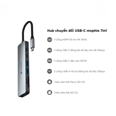 Bộ Chuyển Đổi HUB Mophie 7in1 USB-C - Mở rộng mọi giới hạn kết nối với <strong>HUB Mophie 7in1</strong> USB-C! Bộ chuyển đổi cao cấp này biến một cổng USB-C thành 7 cổng tiện ích: 2x USB-A tốc độ cao, 1x USB-C PD sạc xuyên qua, 1x HDMI 4K, 1x Ethernet Gigabit, và khe đọc thẻ SD/MicroSD. Hoàn hảo cho laptop, máy tính bảng và điện thoại, <strong>HUB Mophie 7in1</strong> giúp bạn tối ưu hóa năng suất, kết nối màn hình ngoài, truy cập mạng ổn định và truyền dữ liệu dễ dàng. Thiết kế bền bỉ, Plug-and-Play, là giải pháp kết nối chuyên nghiệp mọi lúc mọi nơi. Nâng tầm trải nghiệm của bạn với <strong>HUB Mophie 7in1</strong> ngay hôm nay!