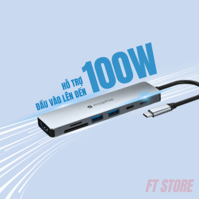 Hub Chuyển Đổi USB-C Mophie 7 IN 1 100W – Đa Năng, Mạnh Mẽ Cho Mọi Kết Nối - Nâng cao hiệu suất làm việc và giải trí với Hub chuyển đổi USB-C Mophie 7 IN 1 100W đa năng. Thiết bị này biến một cổng USB-C duy nhất trên laptop, máy tính bảng thành 7 cổng kết nối thiết yếu: HDMI 4K, 2 cổng USB-A tốc độ cao, 1 cổng USB-C PD 100W, khe cắm thẻ nhớ SD và Micro SD, cùng cổng Ethernet Gigabit. Với khả năng sạc xuyên lên đến 100W, Mophie 7 IN 1 100W không chỉ mở rộng khả năng kết nối mà còn giữ cho thiết bị của bạn luôn đầy pin. Gọn nhẹ, bền bỉ và dễ sử dụng, Hub chuyển đổi USB-C Mophie 7 IN 1 100W là phụ kiện hoàn hảo cho công việc, học tập và giải trí mọi lúc mọi nơi.