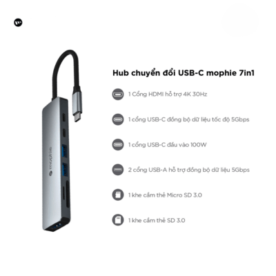 Hub Chuyển Đổi USB-C Mophie 7 IN 1 100W – Đa Năng, Mạnh Mẽ Cho Mọi Kết Nối - Nâng cao hiệu suất làm việc và giải trí với Hub chuyển đổi USB-C Mophie 7 IN 1 100W đa năng. Thiết bị này biến một cổng USB-C duy nhất trên laptop, máy tính bảng thành 7 cổng kết nối thiết yếu: HDMI 4K, 2 cổng USB-A tốc độ cao, 1 cổng USB-C PD 100W, khe cắm thẻ nhớ SD và Micro SD, cùng cổng Ethernet Gigabit. Với khả năng sạc xuyên lên đến 100W, Mophie 7 IN 1 100W không chỉ mở rộng khả năng kết nối mà còn giữ cho thiết bị của bạn luôn đầy pin. Gọn nhẹ, bền bỉ và dễ sử dụng, Hub chuyển đổi USB-C Mophie 7 IN 1 100W là phụ kiện hoàn hảo cho công việc, học tập và giải trí mọi lúc mọi nơi.