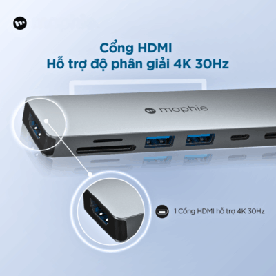 Hub Chuyển Đổi USB-C Mophie 7 IN 1 100W – Đa Năng, Mạnh Mẽ Cho Mọi Kết Nối - Nâng cao hiệu suất làm việc và giải trí với Hub chuyển đổi USB-C Mophie 7 IN 1 100W đa năng. Thiết bị này biến một cổng USB-C duy nhất trên laptop, máy tính bảng thành 7 cổng kết nối thiết yếu: HDMI 4K, 2 cổng USB-A tốc độ cao, 1 cổng USB-C PD 100W, khe cắm thẻ nhớ SD và Micro SD, cùng cổng Ethernet Gigabit. Với khả năng sạc xuyên lên đến 100W, Mophie 7 IN 1 100W không chỉ mở rộng khả năng kết nối mà còn giữ cho thiết bị của bạn luôn đầy pin. Gọn nhẹ, bền bỉ và dễ sử dụng, Hub chuyển đổi USB-C Mophie 7 IN 1 100W là phụ kiện hoàn hảo cho công việc, học tập và giải trí mọi lúc mọi nơi.