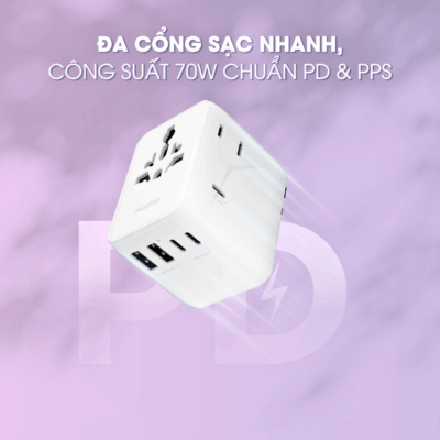 Củ Sạc Du Lịch Mophie Essentials PD 70W 3C2A – Sạc Nhanh 5 Thiết Bị Đồng Thời, Chuẩn Toàn Cầu - Đồng hành cùng mọi chuyến đi của bạn với củ sạc du lịch Mophie Essentials PD 70W 3C2A đa năng. Với tổng công suất 70W và 5 cổng sạc (3 USB-C Power Delivery, 2 USB-A), thiết bị này cho phép bạn sạc nhanh cùng lúc điện thoại, máy tính bảng, laptop và các phụ kiện khác. Tích hợp chuẩn cắm quốc tế (EU, US, UK, AU), Mophie Essentials PD 70W 3C2A là giải pháp sạc gọn nhẹ, tiện lợi và an toàn tuyệt đối cho mọi tín đồ xê dịch. Không còn lo lắng về việc mang theo nhiều củ sạc hay thiếu ổ cắm khi ở nước ngoài, củ sạc du lịch Mophie Essentials PD 70W 3C2A chính là người bạn đồng hành lý tưởng cho cuộc sống hiện đại.