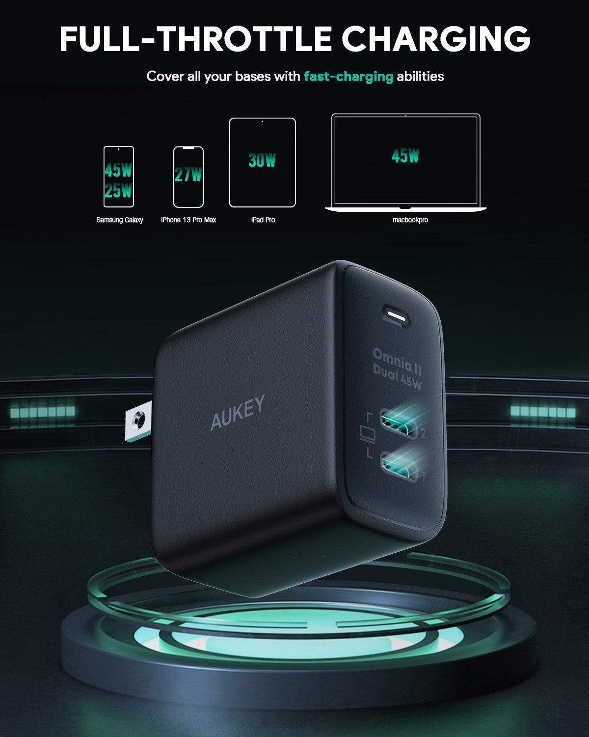Aukey PA-B4T Củ sạc nhanh 2 cổng, chấu gập PD 45W Aukey PA-B4T Củ sạc nhanh 2 cổng, chấu gập PD 45W - • Model : PA-B4T • Màu sắc : Đen, Trắng • Công nghệ : Power Delivery 3.0 FAST CHARGE , GaN Chip , PPS , QC 3.0 • PD 3.0 Protocol Chip • Bảo vệ quá nhiệt • Bảo vệ quá dòng • Bảo vệ quá áp • Bảo vệ ngắn mạch • Chống sét • Tương thích với chuẩn sạc nhanh Apple và Samsung • Tự điều chỉnh dòng điện để tối ưu hoá công suất ttrong quá trình sạc • Nguồn vào : 100-240V ~ 50/60HZ 1.3A • Nguồn ra : 5V/3A , 9V/3A , 12V/3A , 15V/3A , 20V/2.25A ( 45W ) – PPS : 3.3-16V 3A – C1 / C2 : 45W – C1 + C2 : 20W + 25W – C2 + C1 : 25W + 20W • Công suất tối đa : 45W • Kích thước : 52 x 30 x 52mm • Trọng lượng : 111g • Bảo hành chính hãng 18 tháng • Hộp sản phẩm gồm : Sạc nhanh AUKEY PA – B4T , hướng dẫn sử dụng