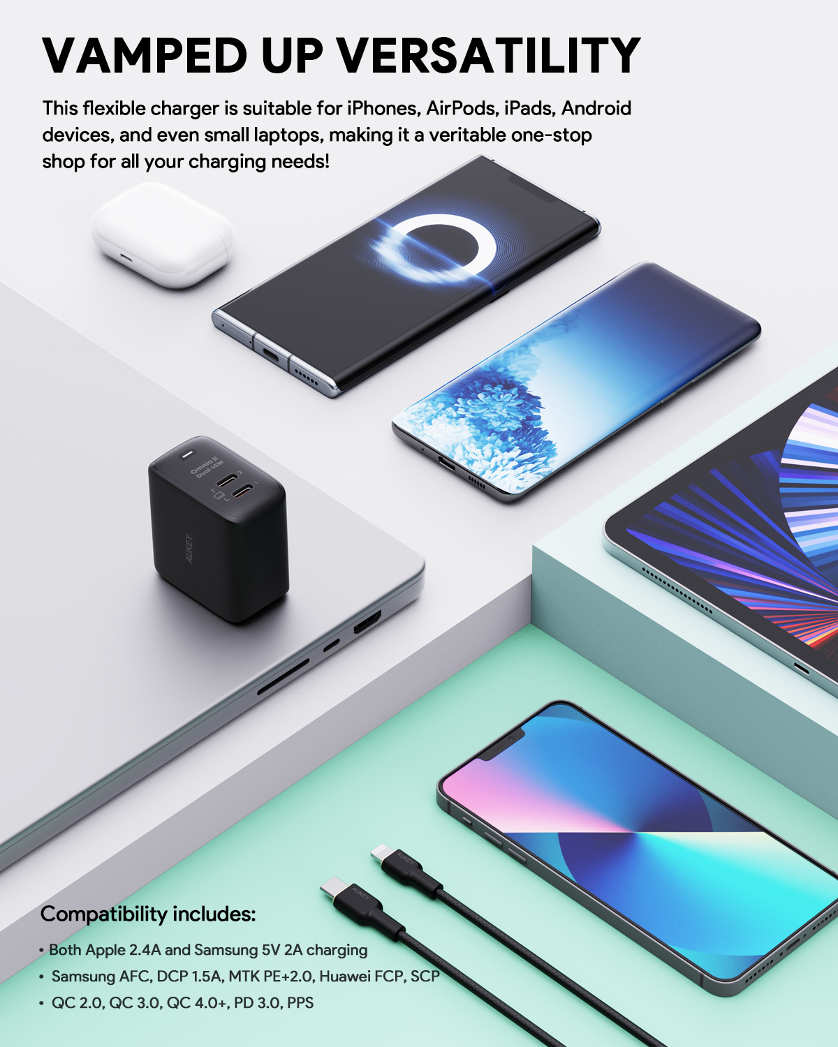 Aukey PA-B4T Củ sạc nhanh 2 cổng, chấu gập PD 45W Aukey PA-B4T Củ sạc nhanh 2 cổng, chấu gập PD 45W - • Model : PA-B4T • Màu sắc : Đen, Trắng • Công nghệ : Power Delivery 3.0 FAST CHARGE , GaN Chip , PPS , QC 3.0 • PD 3.0 Protocol Chip • Bảo vệ quá nhiệt • Bảo vệ quá dòng • Bảo vệ quá áp • Bảo vệ ngắn mạch • Chống sét • Tương thích với chuẩn sạc nhanh Apple và Samsung • Tự điều chỉnh dòng điện để tối ưu hoá công suất ttrong quá trình sạc • Nguồn vào : 100-240V ~ 50/60HZ 1.3A • Nguồn ra : 5V/3A , 9V/3A , 12V/3A , 15V/3A , 20V/2.25A ( 45W ) – PPS : 3.3-16V 3A – C1 / C2 : 45W – C1 + C2 : 20W + 25W – C2 + C1 : 25W + 20W • Công suất tối đa : 45W • Kích thước : 52 x 30 x 52mm • Trọng lượng : 111g • Bảo hành chính hãng 18 tháng • Hộp sản phẩm gồm : Sạc nhanh AUKEY PA – B4T , hướng dẫn sử dụng