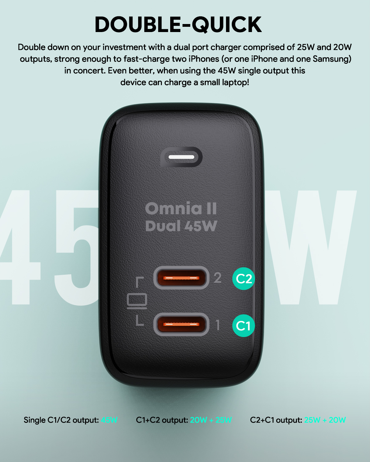 Aukey PA-B4T Củ sạc nhanh 2 cổng, chấu gập PD 45W Aukey PA-B4T Củ sạc nhanh 2 cổng, chấu gập PD 45W - • Model : PA-B4T • Màu sắc : Đen, Trắng • Công nghệ : Power Delivery 3.0 FAST CHARGE , GaN Chip , PPS , QC 3.0 • PD 3.0 Protocol Chip • Bảo vệ quá nhiệt • Bảo vệ quá dòng • Bảo vệ quá áp • Bảo vệ ngắn mạch • Chống sét • Tương thích với chuẩn sạc nhanh Apple và Samsung • Tự điều chỉnh dòng điện để tối ưu hoá công suất ttrong quá trình sạc • Nguồn vào : 100-240V ~ 50/60HZ 1.3A • Nguồn ra : 5V/3A , 9V/3A , 12V/3A , 15V/3A , 20V/2.25A ( 45W ) – PPS : 3.3-16V 3A – C1 / C2 : 45W – C1 + C2 : 20W + 25W – C2 + C1 : 25W + 20W • Công suất tối đa : 45W • Kích thước : 52 x 30 x 52mm • Trọng lượng : 111g • Bảo hành chính hãng 18 tháng • Hộp sản phẩm gồm : Sạc nhanh AUKEY PA – B4T , hướng dẫn sử dụng